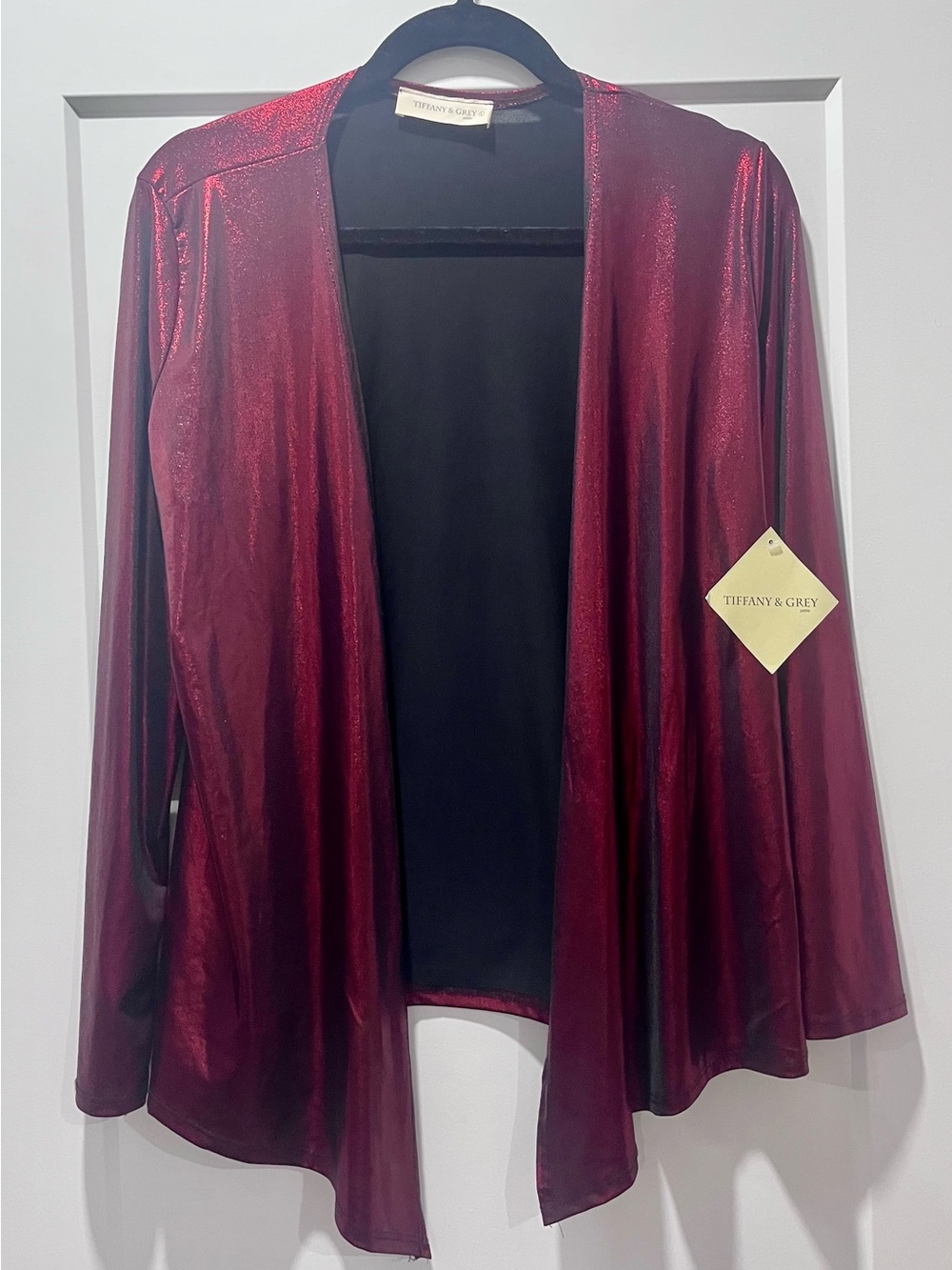 Metallic Burgundy Open-Front Cardigan